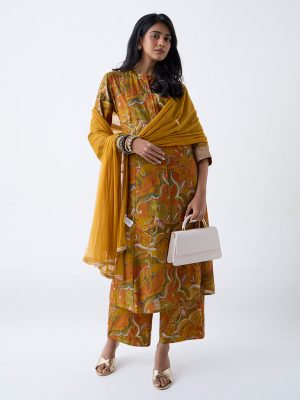 Vark Mustard Foliage Printed A-Line Ethnic Set