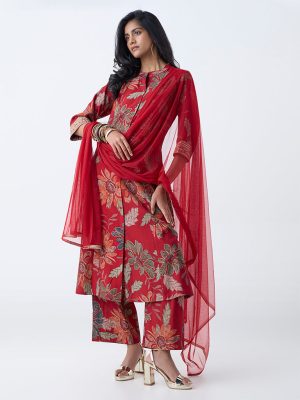 Vark Red Floral Pattern A-Line Ethnic Set
