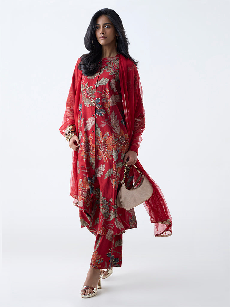 Vark Red Floral Pattern A-Line Ethnic Set - Image 2