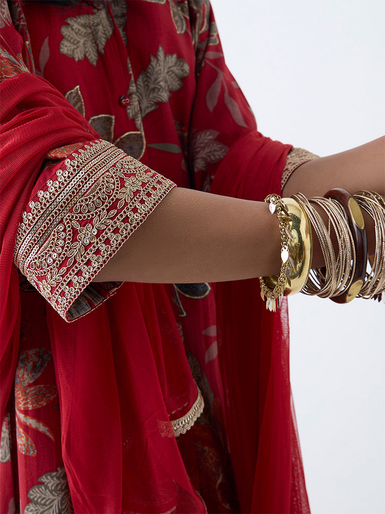 Vark Red Floral Pattern A-Line Ethnic Set - Image 3