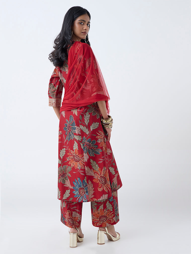 Vark Red Floral Pattern A-Line Ethnic Set - Image 4