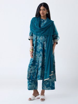 Vark Teal Floral Pattern A-Line Ethnic Set