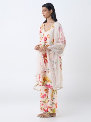 Vark Off-White Foliage Pattern A-Line Ethnic Set