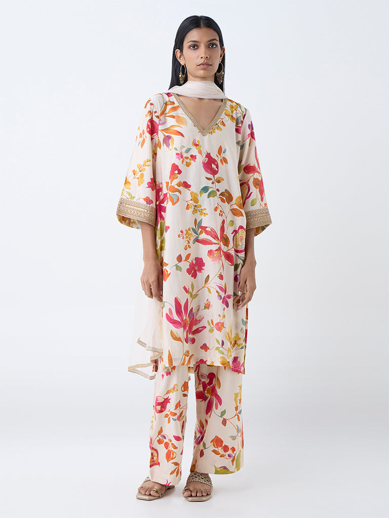Vark Off-White Foliage Pattern A-Line Ethnic Set - Image 2