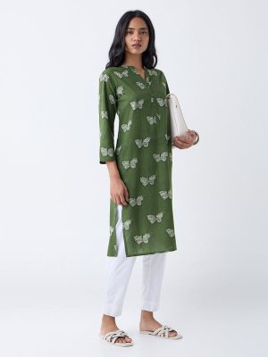 Utsa Green Butterfly Design Cotton Straight Kurta