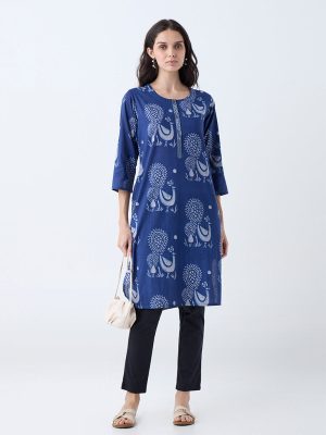 Utsa Indigo Peacock Design Cotton Straight Kurta