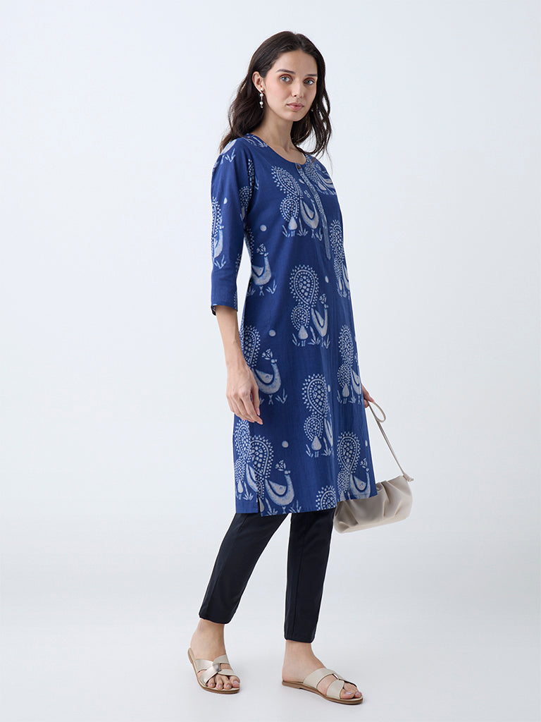 Utsa Indigo Peacock Design Cotton Straight Kurta - Image 2