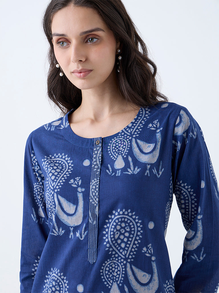 Utsa Indigo Peacock Design Cotton Straight Kurta - Image 3