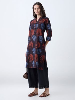 Utsa Dark Brown Leaf Pattern Cotton Straight Kurta