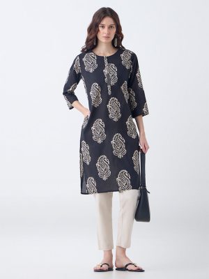 Utsa Black Printed Cotton Straight Kurta