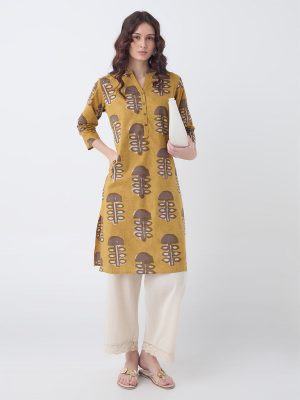 Utsa Mustard Mushroom Design Cotton Straight Kurta