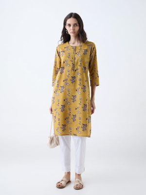 Utsa Mustard Floral Design Cotton Straight Kurta