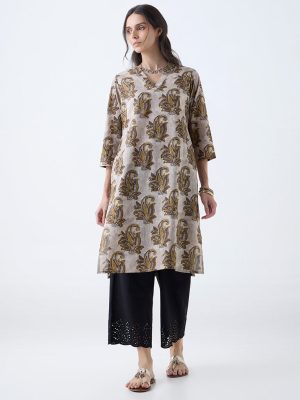 Utsa Charcoal Botanical Design Cotton Straight Kurta