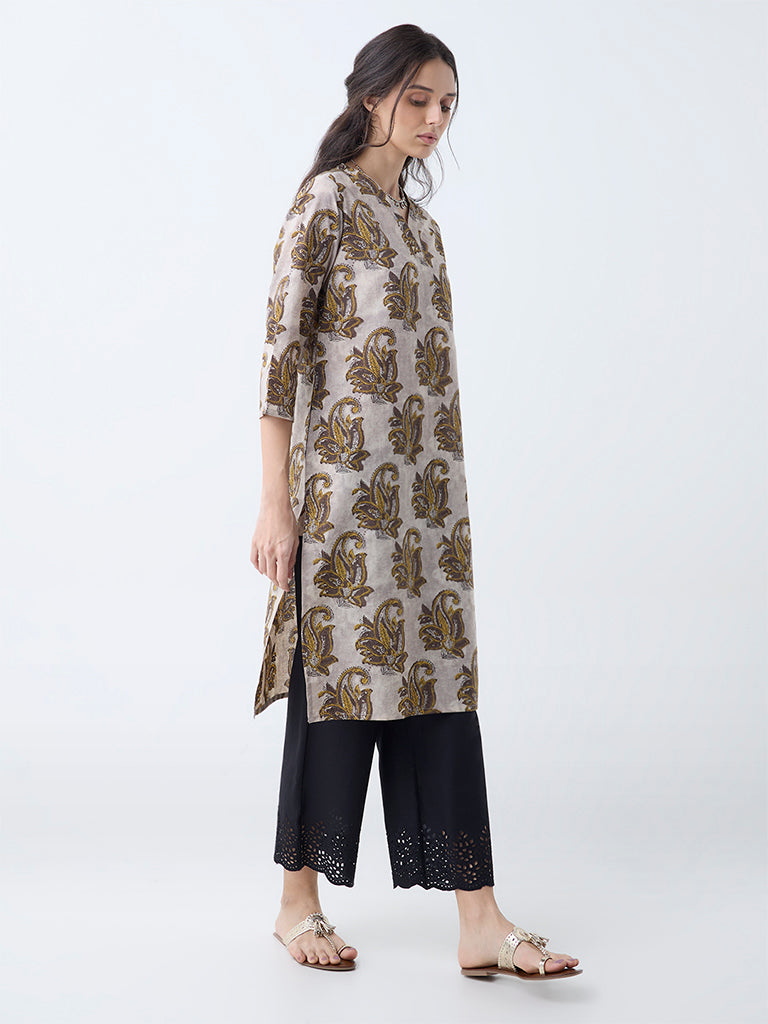 Utsa Charcoal Botanical Design Cotton Straight Kurta - Image 2