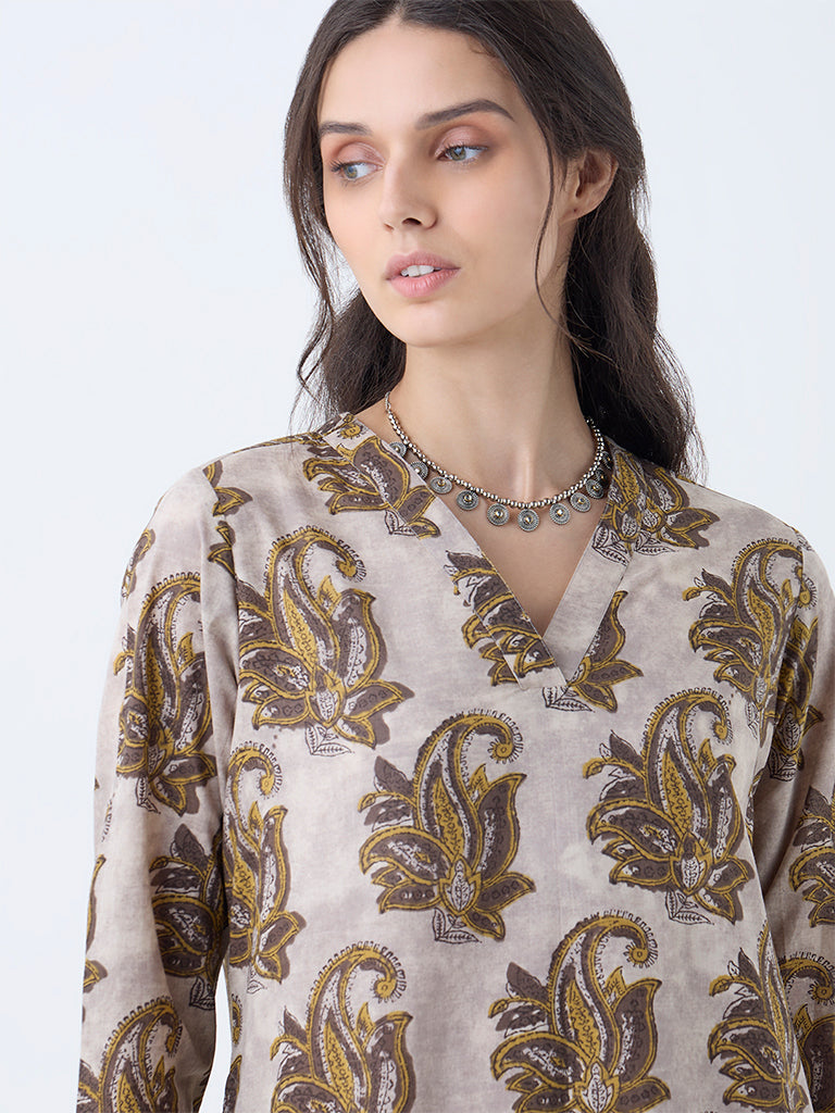 Utsa Charcoal Botanical Design Cotton Straight Kurta - Image 3