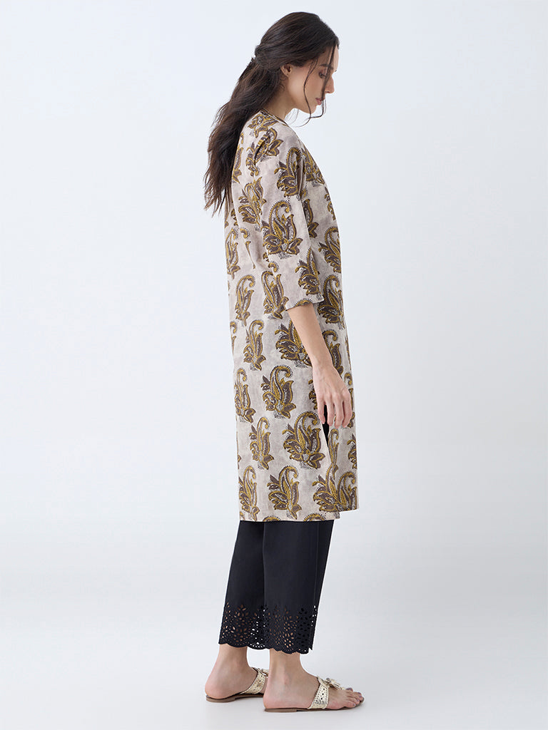 Utsa Charcoal Botanical Design Cotton Straight Kurta - Image 4