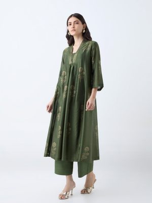 Zuba Olive Floral Cotton-Blned Anarkali Kurta with Inner