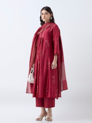 Zuba Red Floral Cotton-Blend Anarkali Kurta with Inner