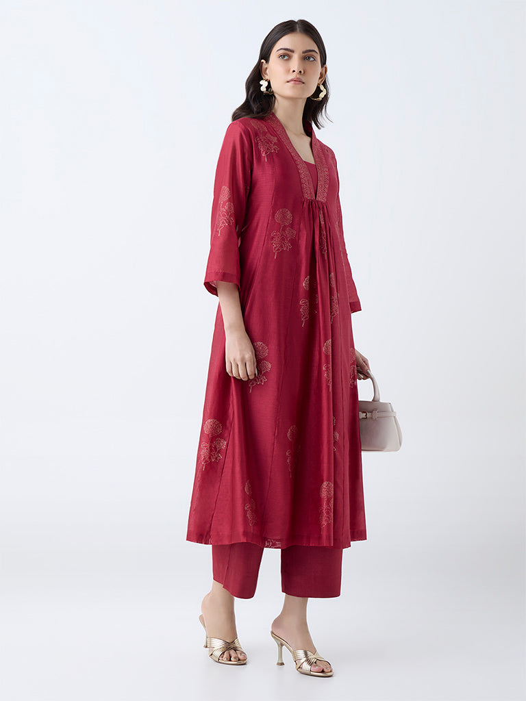 Zuba Red Floral Cotton-Blend Anarkali Kurta with Inner - Image 2