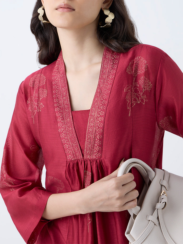 Zuba Red Floral Cotton-Blend Anarkali Kurta with Inner - Image 3