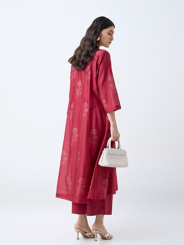 Zuba Red Floral Cotton-Blend Anarkali Kurta with Inner - Image 4