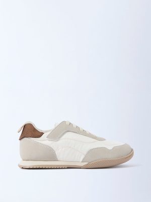 Yellow Beige Colour-Blocked Lace-Up Sneakers