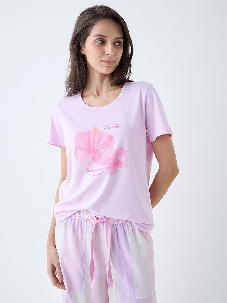 Wunderlove Pink Floral Design Cotton T-Shirt - Image 2