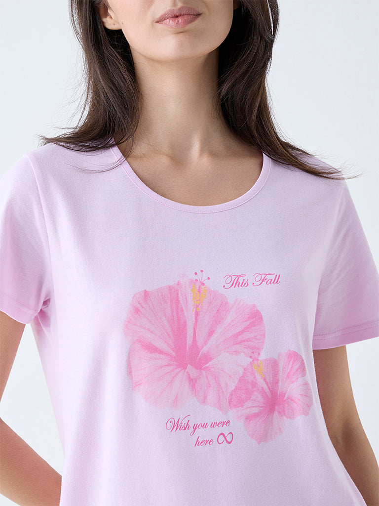Wunderlove Pink Floral Design Cotton T-Shirt - Image 3