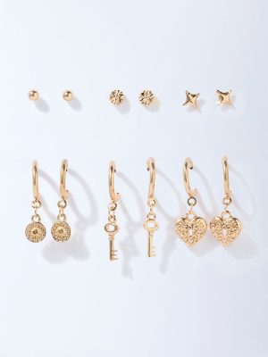 Westside Accessories Gold Hammered Stud and Dangler Hoop Earrings Set - Pack of 6