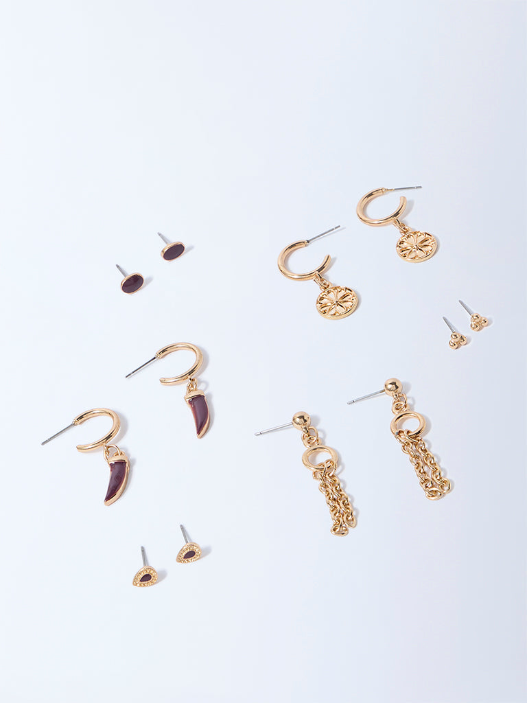 Westside Accessories Gold Stud and Dangler Hoop Earrings Set - Pack of 6 - Image 2