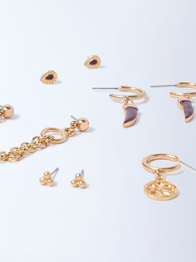 Westside Accessories Gold Stud and Dangler Hoop Earrings Set - Pack of 6 - Image 3