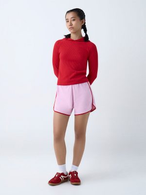 Studiofit Pink Self-Textured High-Rise Cotton-Blend Shorts