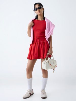 Studiofit Red Solid High-Rise Cotton Balloon Skirt