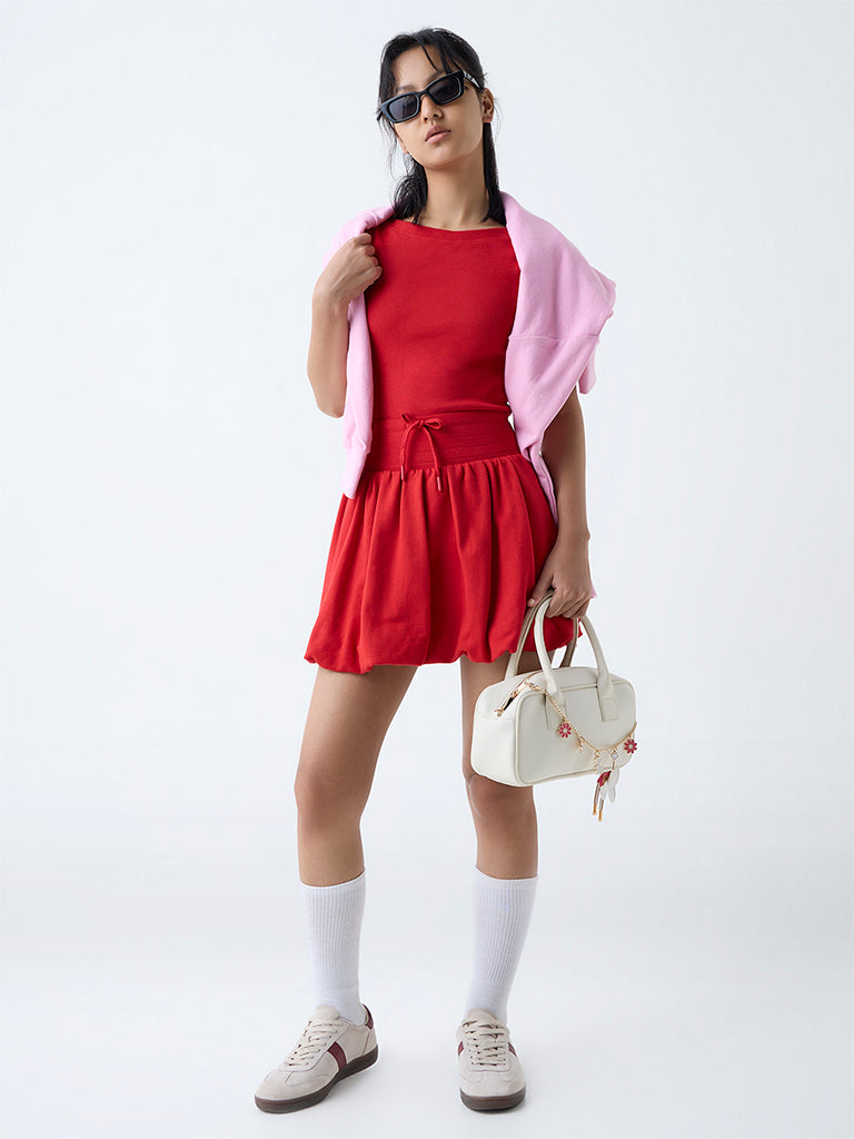 Studiofit Red Solid High-Rise Cotton Balloon Skirt