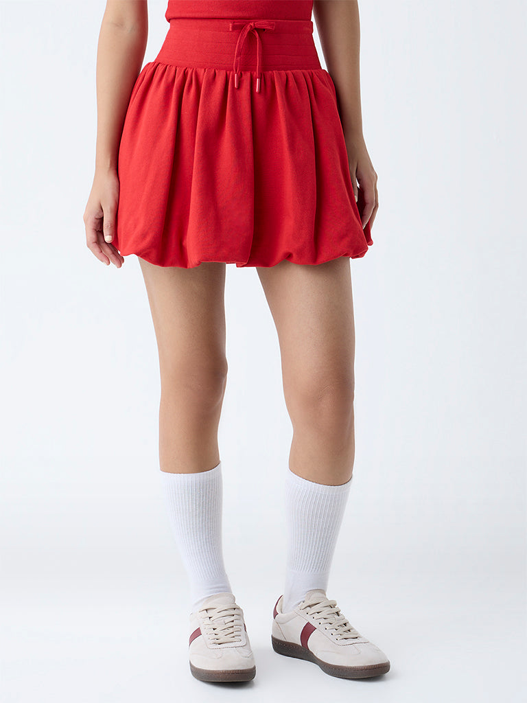Studiofit Red Solid High-Rise Cotton Balloon Skirt - Image 2