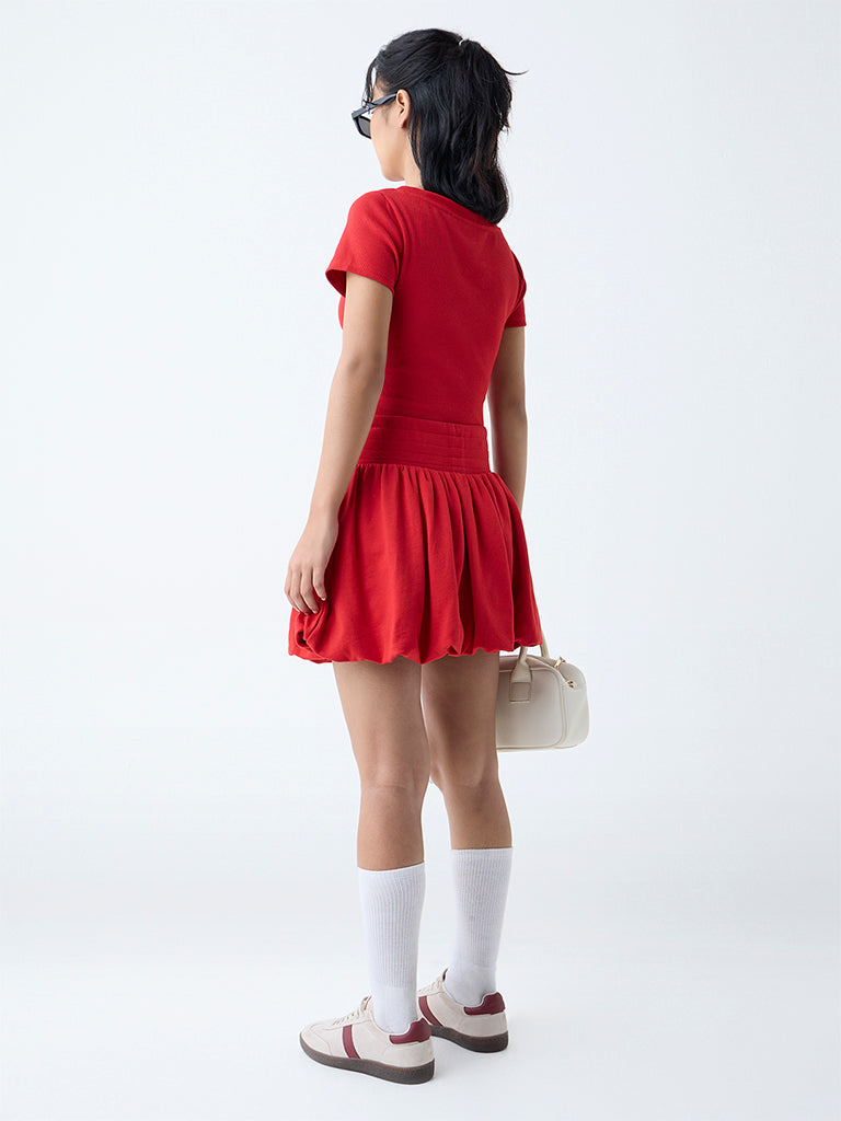 Studiofit Red Solid High-Rise Cotton Balloon Skirt - Image 4