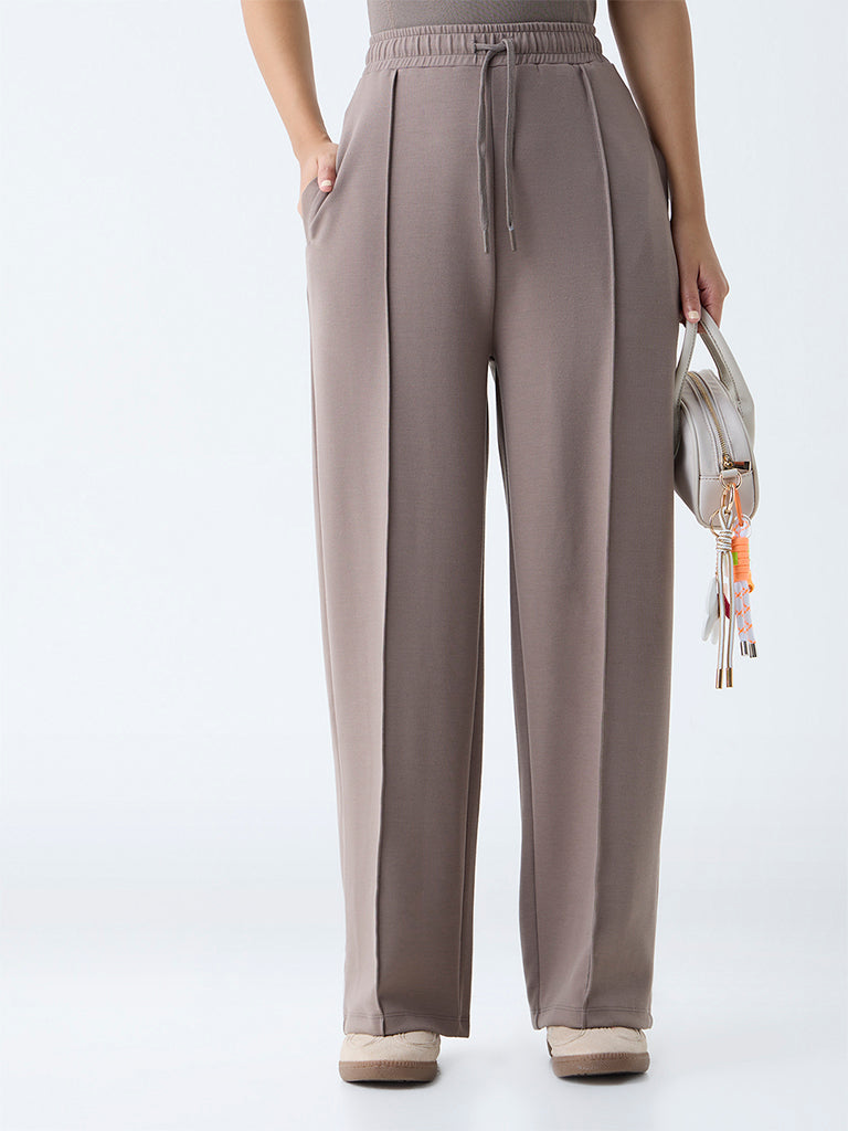 Studiofit Brown Solid High-Rise Track Pants - Image 2