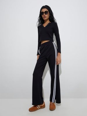 Studiofit Black Striped High-Rise Cotton-Blend Track Pants
