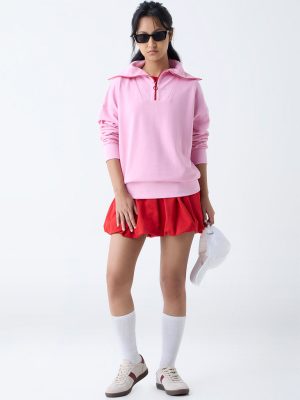 Studiofit Pink Ribbed Cotton Quarter-Zip Sweatshirt