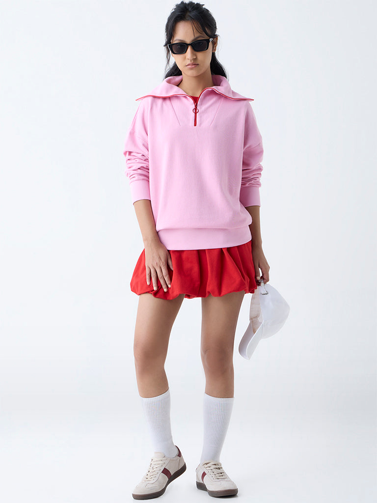 Studiofit Pink Ribbed Cotton Quarter-Zip Sweatshirt