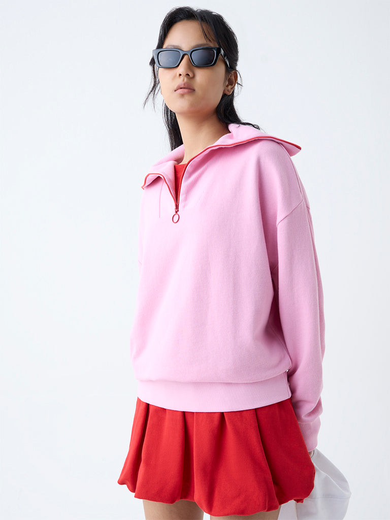 Studiofit Pink Ribbed Cotton Quarter-Zip Sweatshirt - Image 2