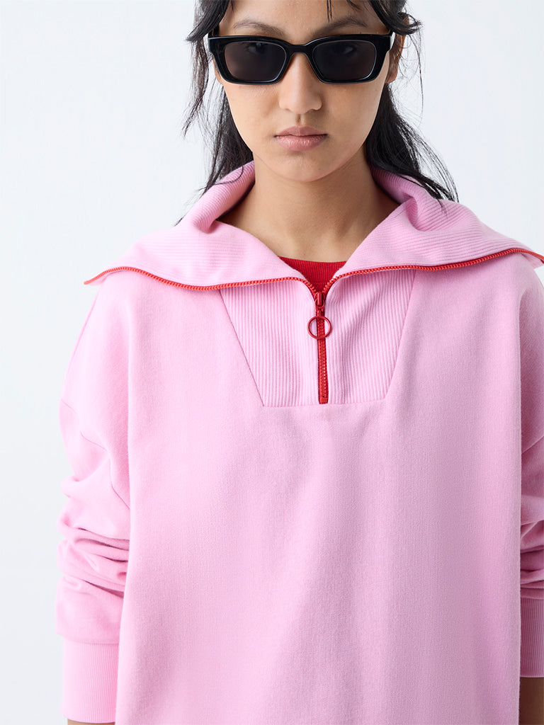 Studiofit Pink Ribbed Cotton Quarter-Zip Sweatshirt - Image 3