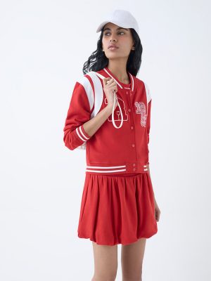 Studiofit Red Typographic Cotton-Blend Varsity Jacket