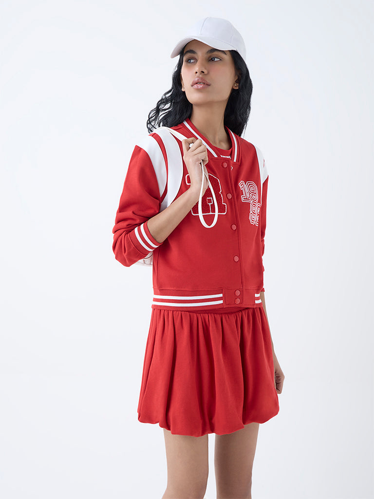 Studiofit Red Typographic Cotton-Blend Varsity Jacket
