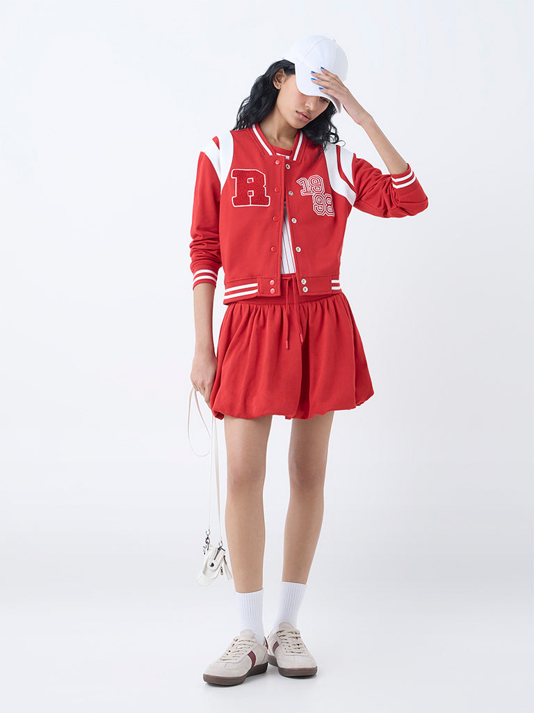 Studiofit Red Typographic Cotton-Blend Varsity Jacket - Image 2