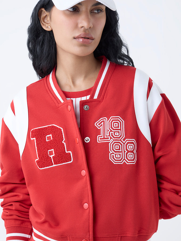 Studiofit Red Typographic Cotton-Blend Varsity Jacket - Image 3