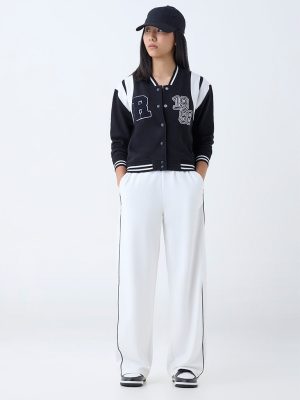 Studiofit Black Embroidered Cotton-Blend Varsity Jacket