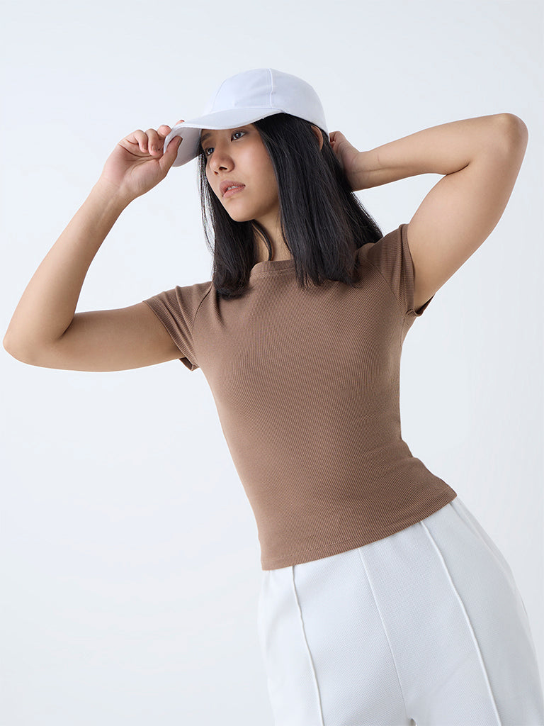 Studiofit Brown Ribbed-Textured Cotton-Blend T-Shirt - Image 2