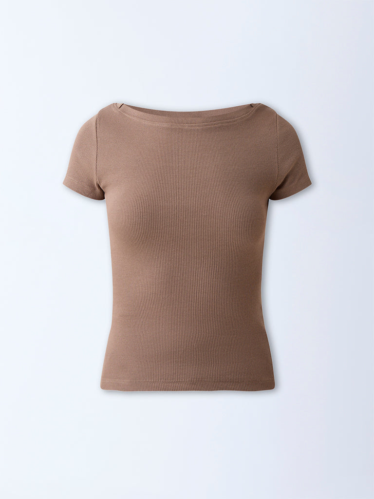 Studiofit Brown Ribbed-Textured Cotton-Blend T-Shirt - Image 5