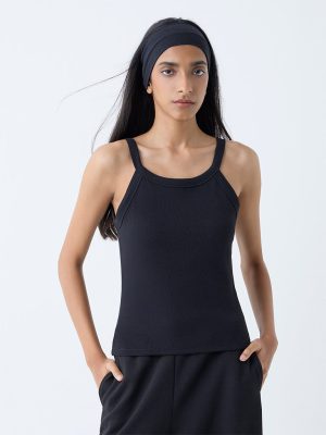 Studiofit Black Ribbed-Textured Cotton-Blend Tank Top